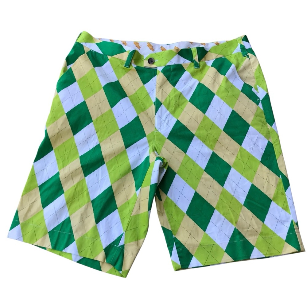 Loudmouth Golf Shorts Argyle Diamond Print Cotton Blend Green Yellow Men’s 38